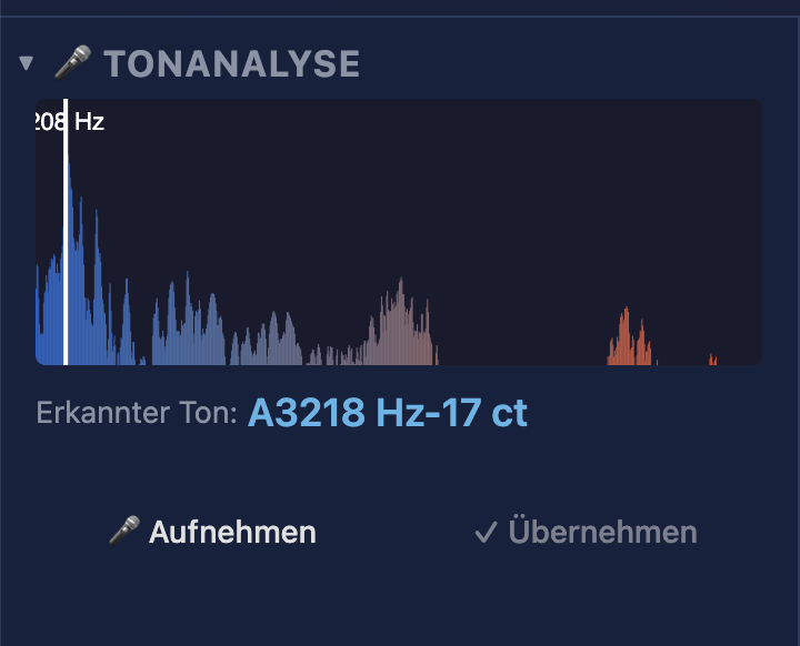 Tonanalyse-Ansicht mit Mikrofon-Aufnahme und erkannten Frequenzkomponenten