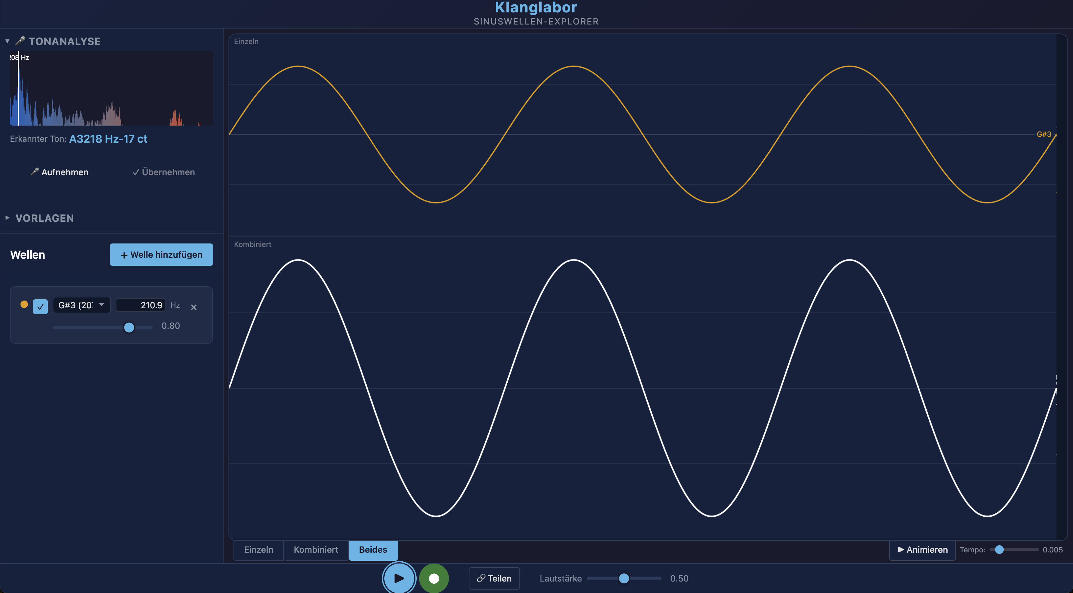 Hauptansicht von Klanglabor mit dem Welleneditor auf der linken Seite und der Wellenform-Visualisierung auf der rechten Seite