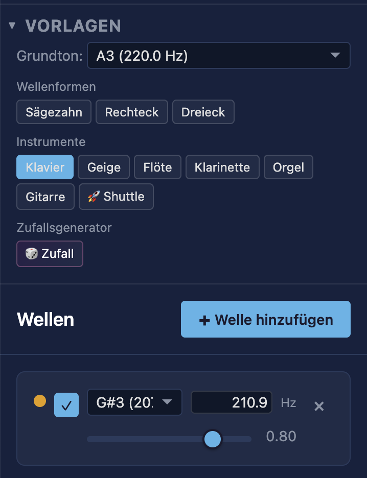 Vorlagen-Auswahl mit Instrumenten wie Klavier, Geige und Flöte sowie mathematischen Wellenformen